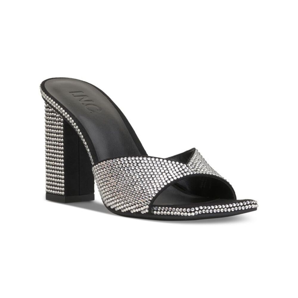INC Womens Black Sparkle Belle Square Toe Block Heel Slip On Heeled Sandal 10 M